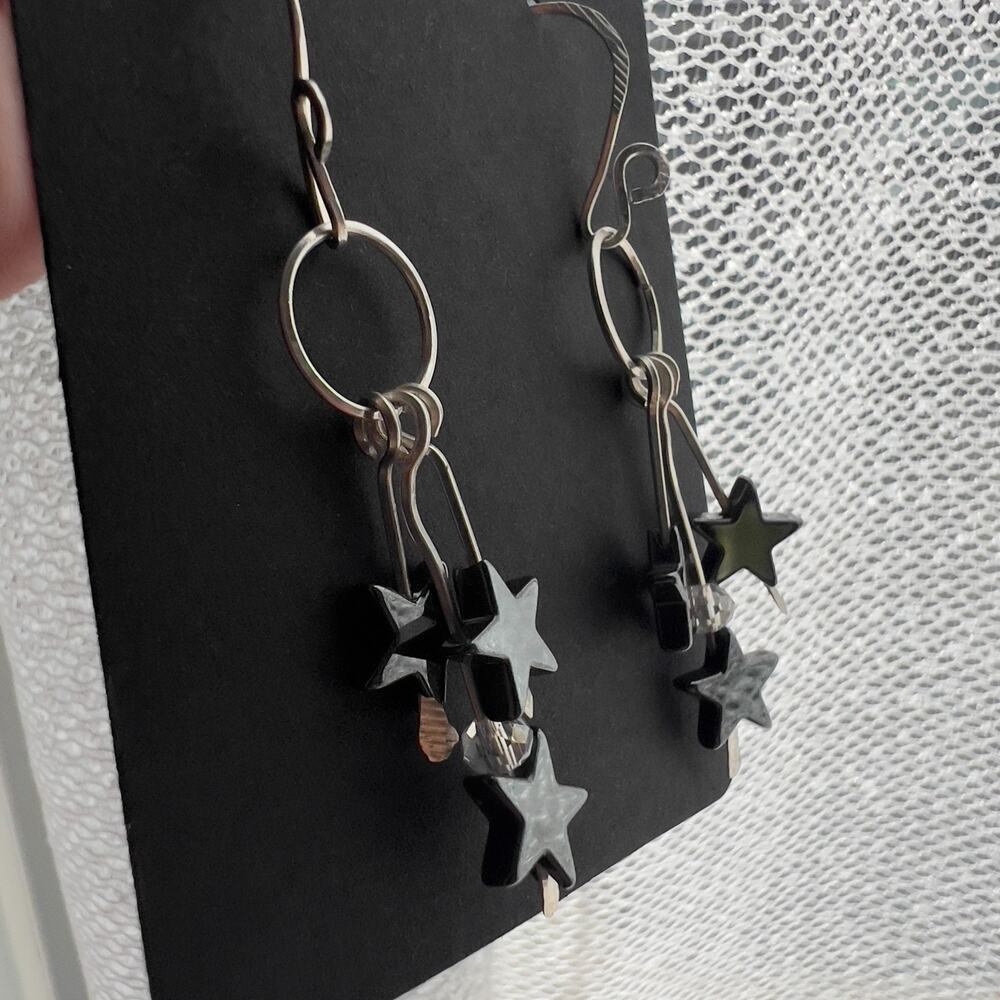 Artisan Made OOAK Hematite Stone Stars Sterling Silver Earrings Dangle Drop